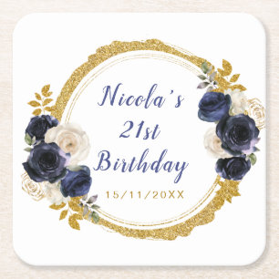 Porta-copo De Papel Quadrado Azul Marinho e Dourado Flores Elegantes Aniversári