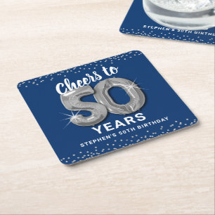 Porta-copo De Papel Quadrado Azul Prata Cheers para os 50 Anos de Idade