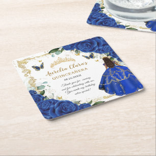 Porta-copo De Papel Quadrado Azul Real Floral Princesa Dourada Quinceañera 15