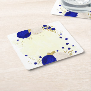 Porta-copo De Papel Quadrado azul real & flores brancas dourado