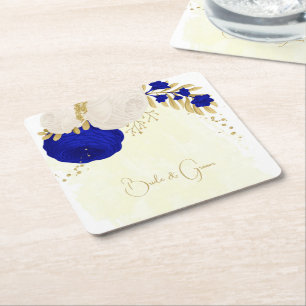 Porta-copo De Papel Quadrado azul real & flores brancas dourado