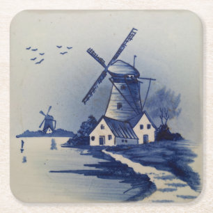 Porta-copo De Papel Quadrado Azul Vintage Delft Moinho de Vento Branco
