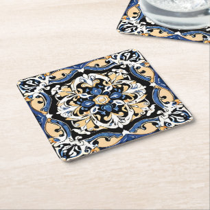 Porta-copo De Papel Quadrado Azulejo Azul Amarelo Branco Preto Espanhol Marroqu