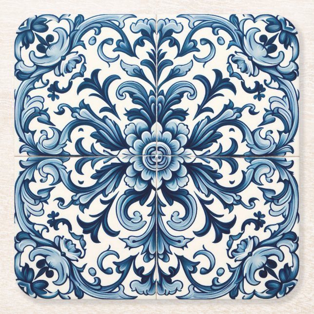 Porta-copo De Papel Quadrado Azulejo azul português (Frente)