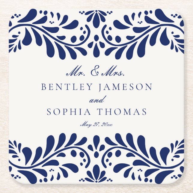 Porta-copo De Papel Quadrado Azulejo Azul Talavera Estilo Espanhol Fiesta Casam (Frente)