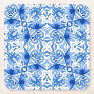 Porta-copo De Papel Quadrado Azulejo branco azul, padrão uniforme de aquarela.