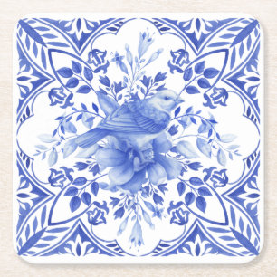 Porta-copo De Papel Quadrado Azulejo Floral Azul e Branco com Pássaro