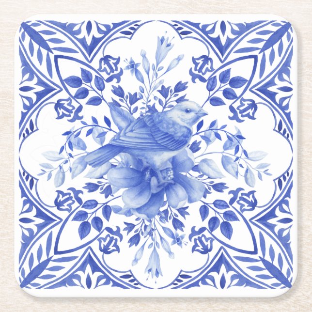 Porta-copo De Papel Quadrado Azulejo Floral Azul e Branco com Pássaro (Frente)