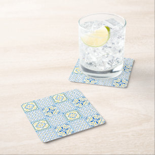 Porta-copo De Papel Quadrado Azulejo Italiano Mediterrâneo Amarelo e Azul