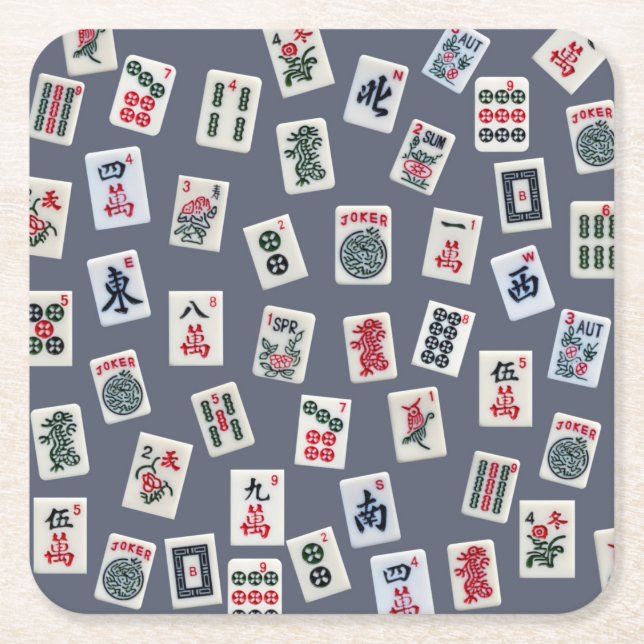 Porta-copo De Papel Quadrado Azulejo MahJongg em azul escuro (Frente)