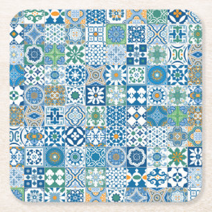 Porta-copo De Papel Quadrado Azulejo marroquino - azul e verde
