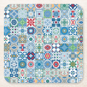 Porta-copo De Papel Quadrado Azulejo marroquino - azul e vermelho