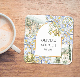 Porta-copo De Papel Quadrado Azulejo Mediterrâneo Oliva Amarelo Azul