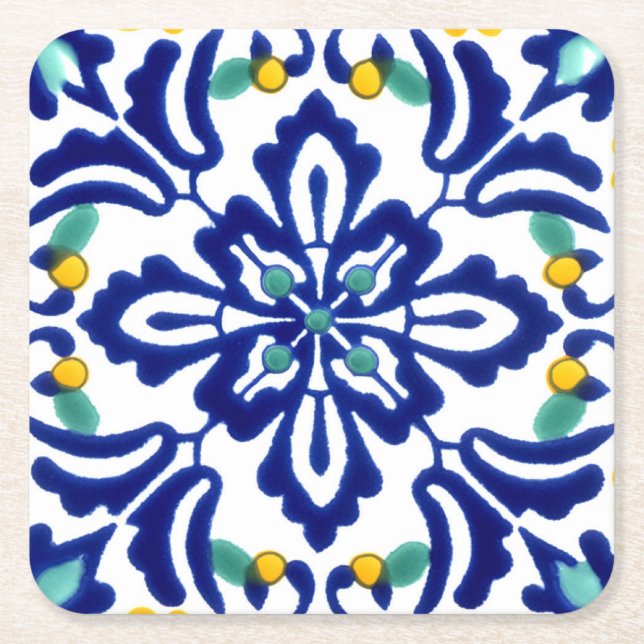 Porta-copo De Papel Quadrado Azulejo mexicano Talavera Terracotta nº 10 (Frente)