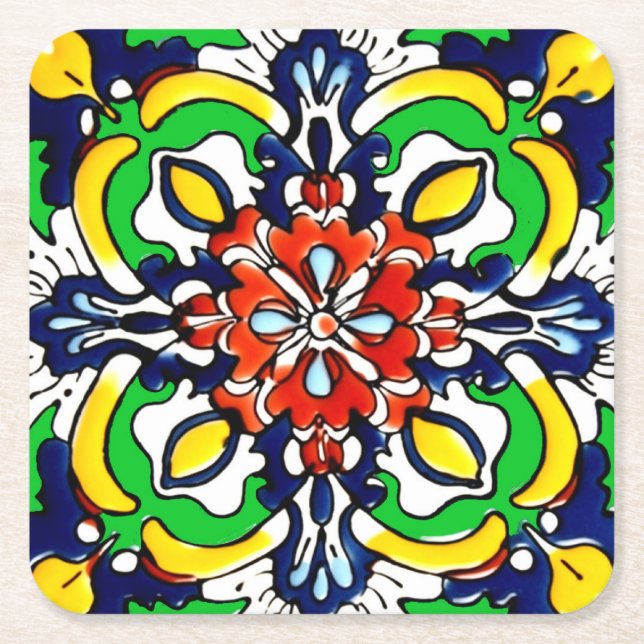 Porta-copo De Papel Quadrado Azulejo mexicano Talavera Terracotta nº 7 (Frente)