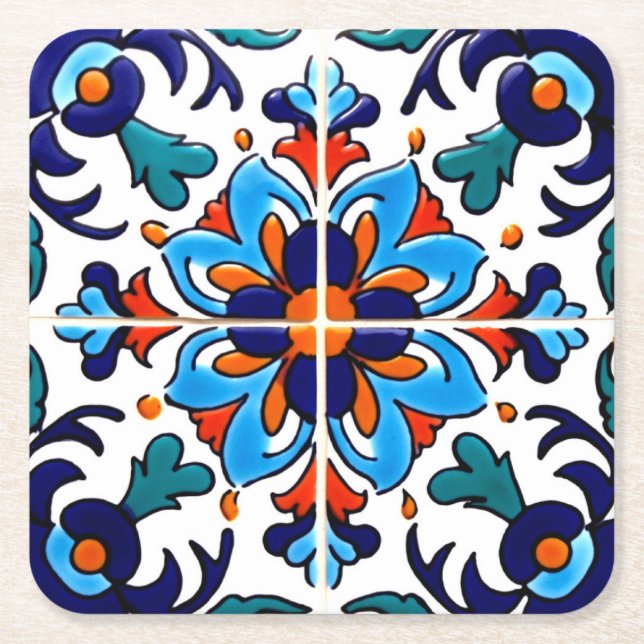Porta-copo De Papel Quadrado Azulejo mexicano Talavera Terracotta nº 9 (Frente)