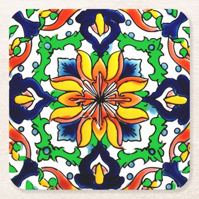 Porta-copo De Papel Quadrado Azulejo mexicano Talavera Terracotta n.o 6 (Frente)