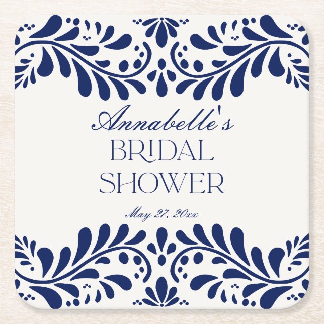 Porta-copo De Papel Quadrado Azulejo Talavera Azul Noiva Espanhola Chá de Noiva (Frente)