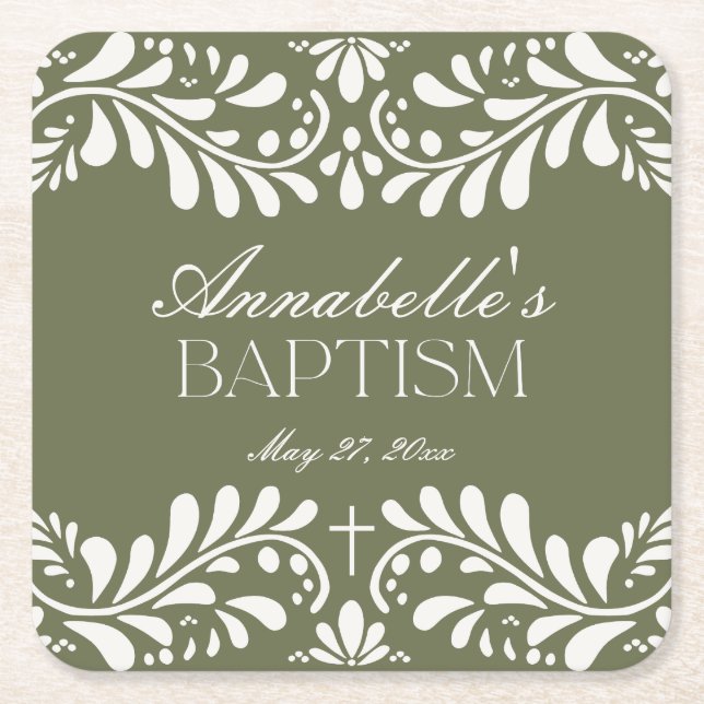 Porta-copo De Papel Quadrado Azulejo Verde Talavera Espanhol Fiesta Baptism (Frente)