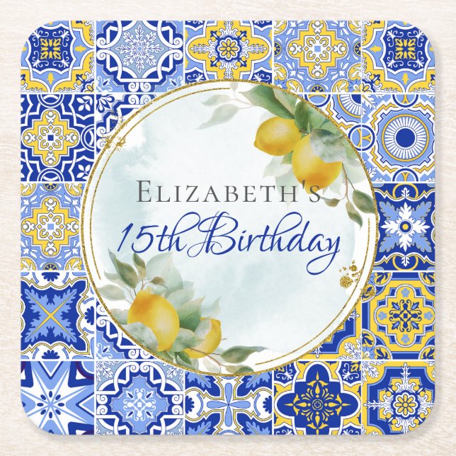 Porta-copo De Papel Quadrado Azulejos Azuis Gregos Limões Dourado do Lítio (Frente)