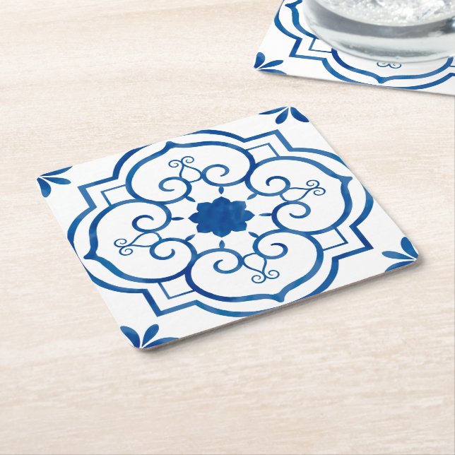Porta-copo De Papel Quadrado Azulejos Azulejos Azuis e Brancos - Padrão do Vint (Inclinado)