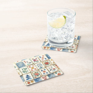 Porta-copo De Papel Quadrado Azulejos de Chinoiserie Mahjong Flores Aquarela Pá