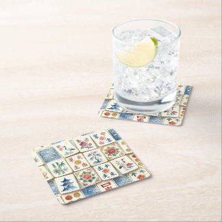 Porta-copo De Papel Quadrado Azulejos de Mahjong Chinoiserie Aquarela Flores Pá