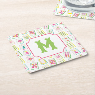 Porta-copo De Papel Quadrado Azulejos de Watercolor Bright Mahjong Monograma