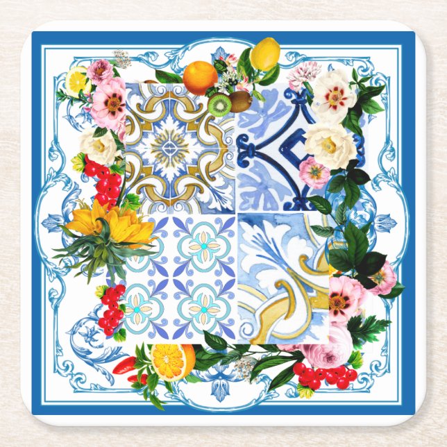 Porta-copo De Papel Quadrado Azulejos do Mediterrâneo, majolica, estilo Sicilia (Frente)