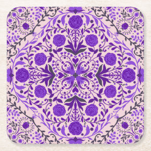 Porta-copo De Papel Quadrado Azulejos florais, cor-de-rosa violeta e algodão do