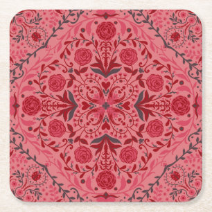 Porta-copo De Papel Quadrado Azulejos florais em vermelho e melancia rosa