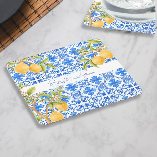 Porta-copo De Papel Quadrado Azulejos Mediterrâneos Limões Noiva Main Squeeze (Main squeeze personalized coasters bridal shower)