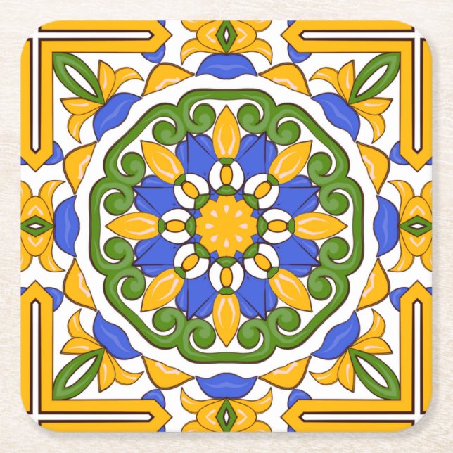 Porta-copo De Papel Quadrado Azulejos mediterrânicos, majolica, Siciliana, Azul (Frente)
