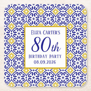 Porta-copo De Papel Quadrado Azulejos Portugueses 80 Azul Aniversário Mediterrâ