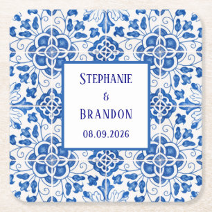 Porta-copo De Papel Quadrado Azulejos Portugueses Casamento Azul Mediterrâneo