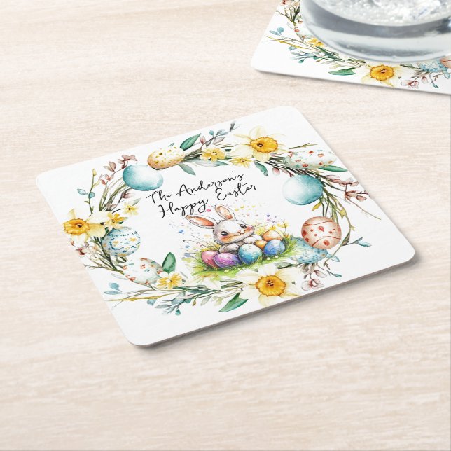 Porta-copo De Papel Quadrado Babá felz pascoa e Páscoa floral (Inclinado)