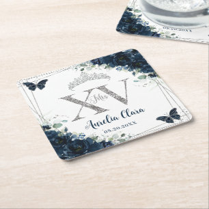 Porta-copo De Papel Quadrado Baby Blue Floral Borboletas Quinceañera XV Prata