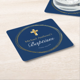 Porta-copo De Papel Quadrado Baby Boy Baptism Marinho Blue Dourado Cross