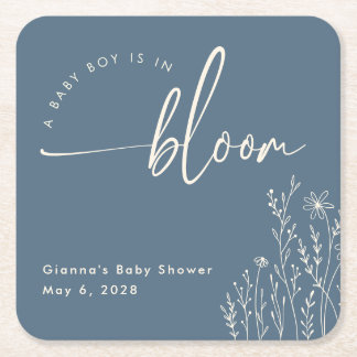 Porta-copo De Papel Quadrado Baby Boy in Bloom - Porta copos azul empoeirada de