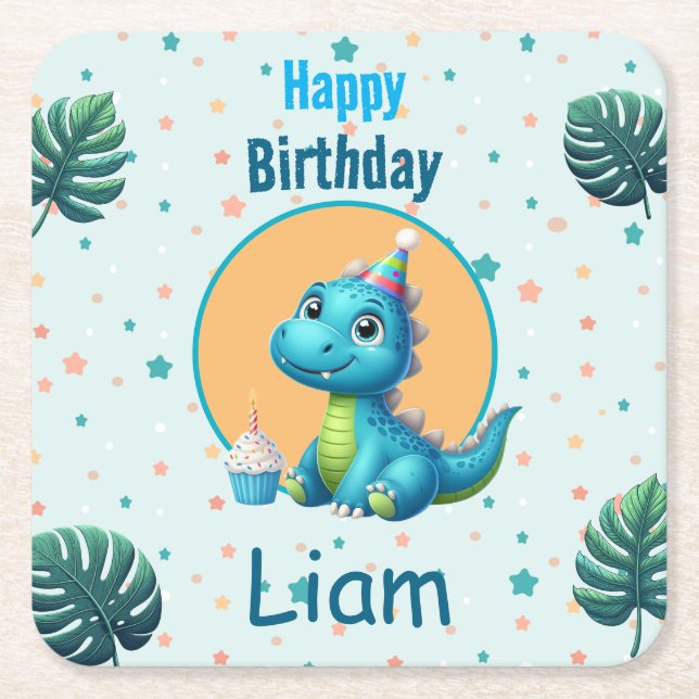 Porta-copo De Papel Quadrado Baby Dino Birthday Coaster (Frente)