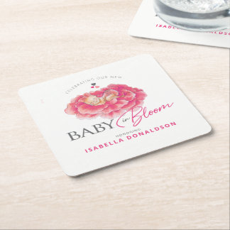 Porta-copo De Papel Quadrado Baby in Bloom pink watercolor whimsy baby shower