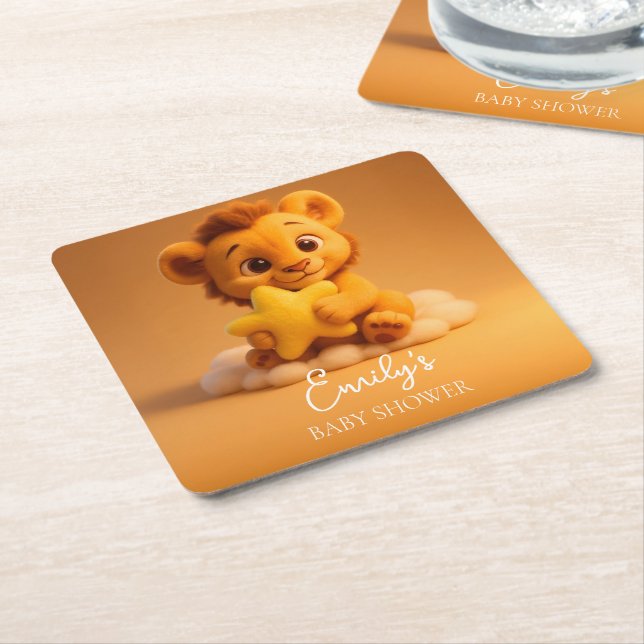 Porta-copo De Papel Quadrado Baby Shower Coaster – Little Lion & Star (Inclinado)