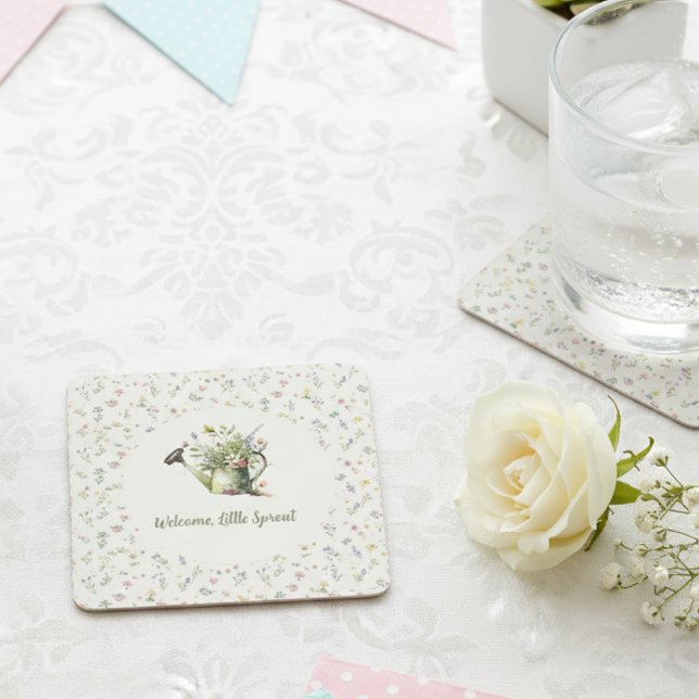 Porta-copo De Papel Quadrado Baby Shower - "Little Sprout" Floral (Baby shower drink coaster)