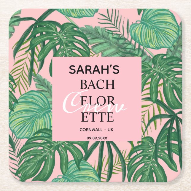 Porta-copo De Papel Quadrado Bachelorette Bridal Party Tropical Palm Rosa (Frente)