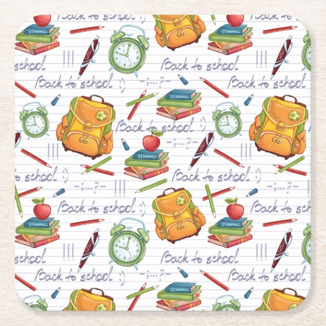 Porta-copo De Papel Quadrado Backpack, Livros, & Pencils - Padrão de Cartoon (Frente)