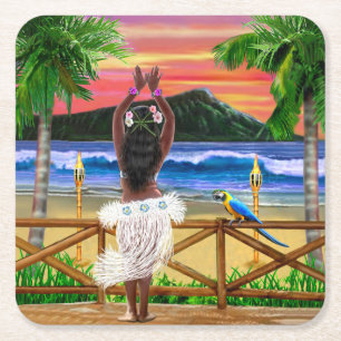 Porta-copo De Papel Quadrado Bailarina Havaiana do Pôr do Sol