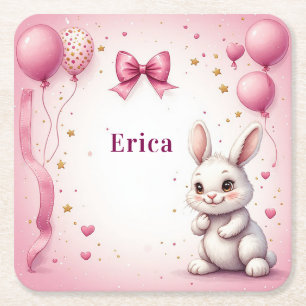 Porta-copo De Papel Quadrado Balão de Aniversário Coelho Rosa 🐰