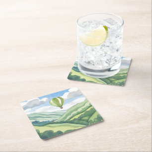 Porta-copo De Papel Quadrado Balão de Ar Quente   Paisagem Aquarela Verde