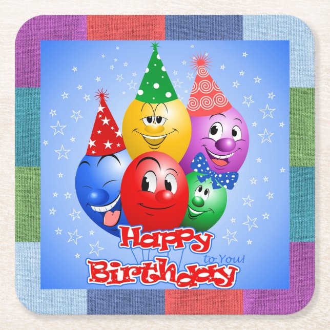 Porta-copo De Papel Quadrado Balões de aniversário alegres (Frente)