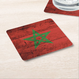 Porta-copo De Papel Quadrado Bandeira do Marrocos no Velho Grão de Madeira